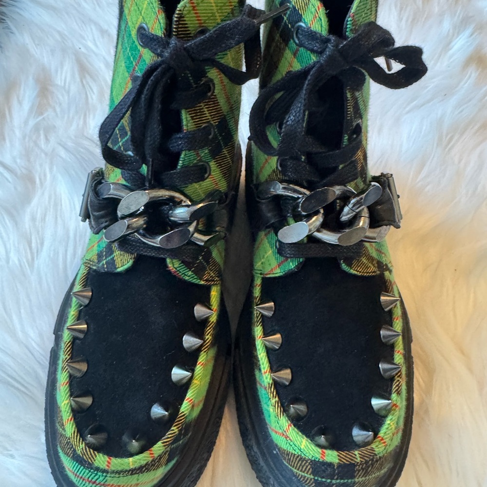 Jon Fluevog Space Edition Green Plaid Spike Boots
